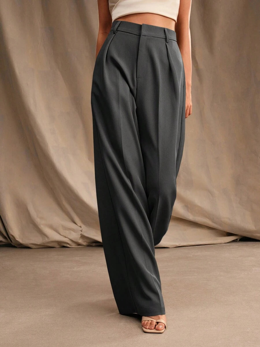 Tatiana Pleated High Waist Wide Leg Trousers with Pockets - White