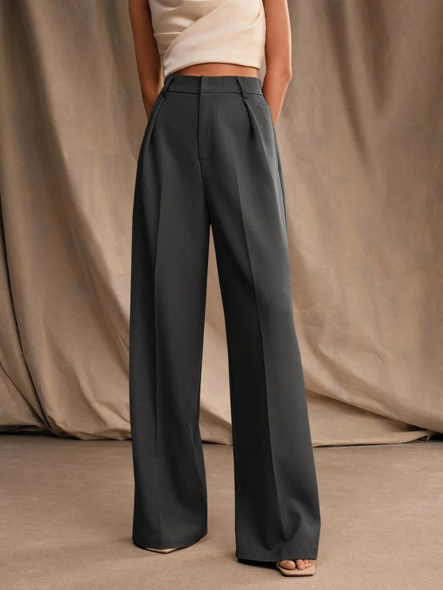 Tatiana Pleated High Waist Wide Leg Trousers with Pockets - Apricot