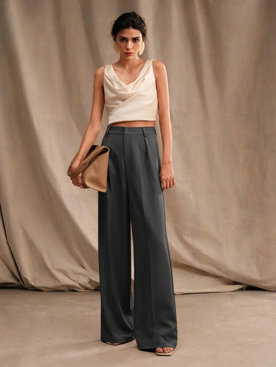 Tatiana Pleated High Waist Wide Leg Trousers with Pockets - Beige