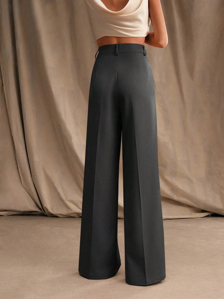 Tatiana Pleated High Waist Wide Leg Trousers with Pockets - Black