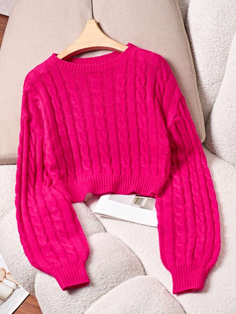 Oriana Cropped Cable Knit Sweater with Crew Neck - Hot Pink