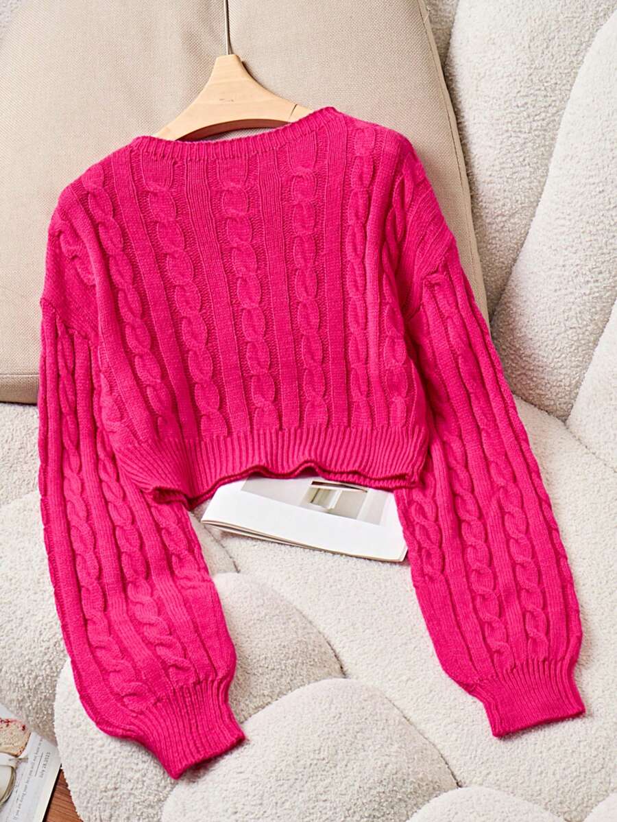 Oriana Cropped Cable Knit Sweater with Crew Neck - Hot Pink