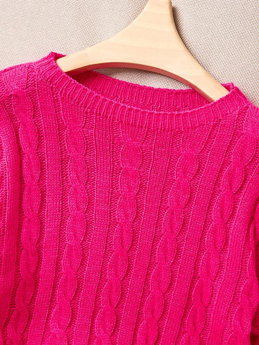 Oriana Cropped Cable Knit Sweater with Crew Neck - Hot Pink