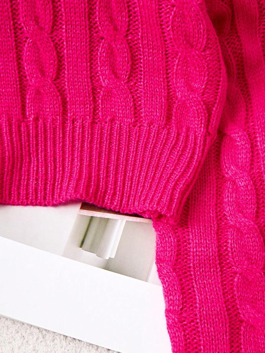 Oriana Cropped Cable Knit Sweater with Crew Neck - Hot Pink