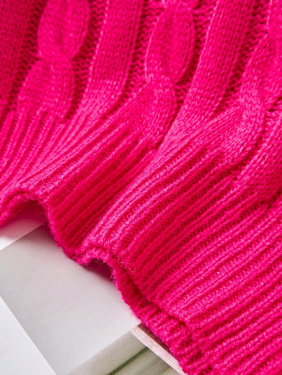 Oriana Cropped Cable Knit Sweater with Crew Neck - Hot Pink