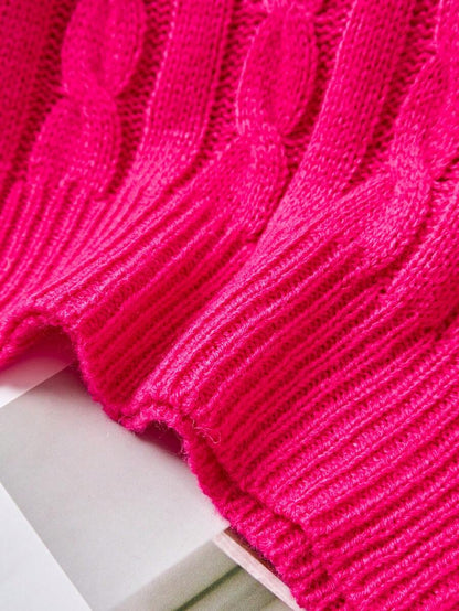 Oriana Cropped Cable Knit Sweater with Crew Neck - Hot Pink