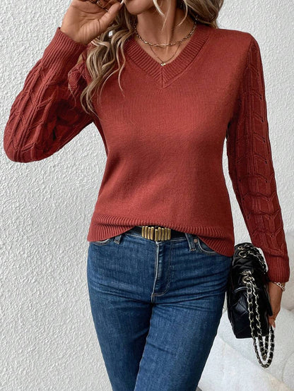 Henrietta Classic V-Neck Long Sleeve Knit Pullover Sweater - Rust Brown