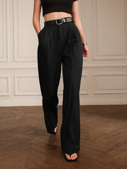 Women's Pleated Wide Leg Dress Trousers, Stretch Tailored Pants for Work Office - Black