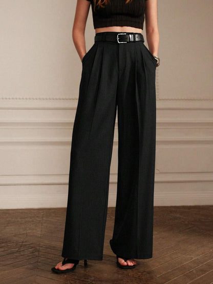 Women's Pleated Wide Leg Dress Trousers, Stretch Tailored Pants for Work Office - Black