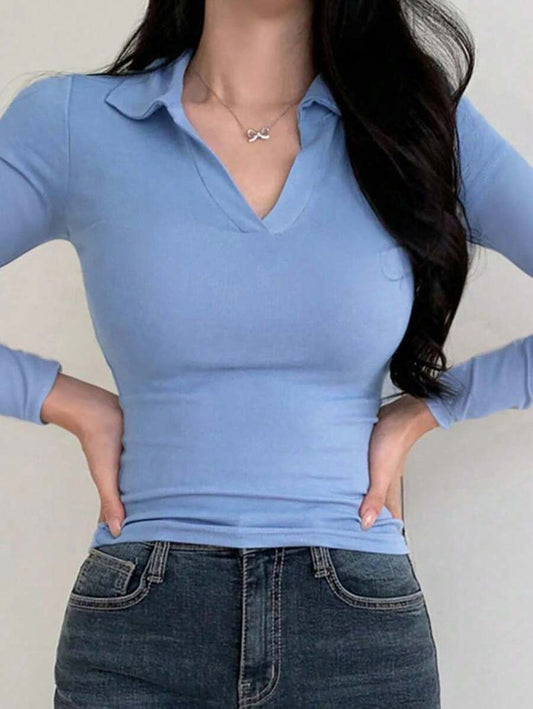 Lyra Solid Long Sleeve Polo Collar Tee - Blue