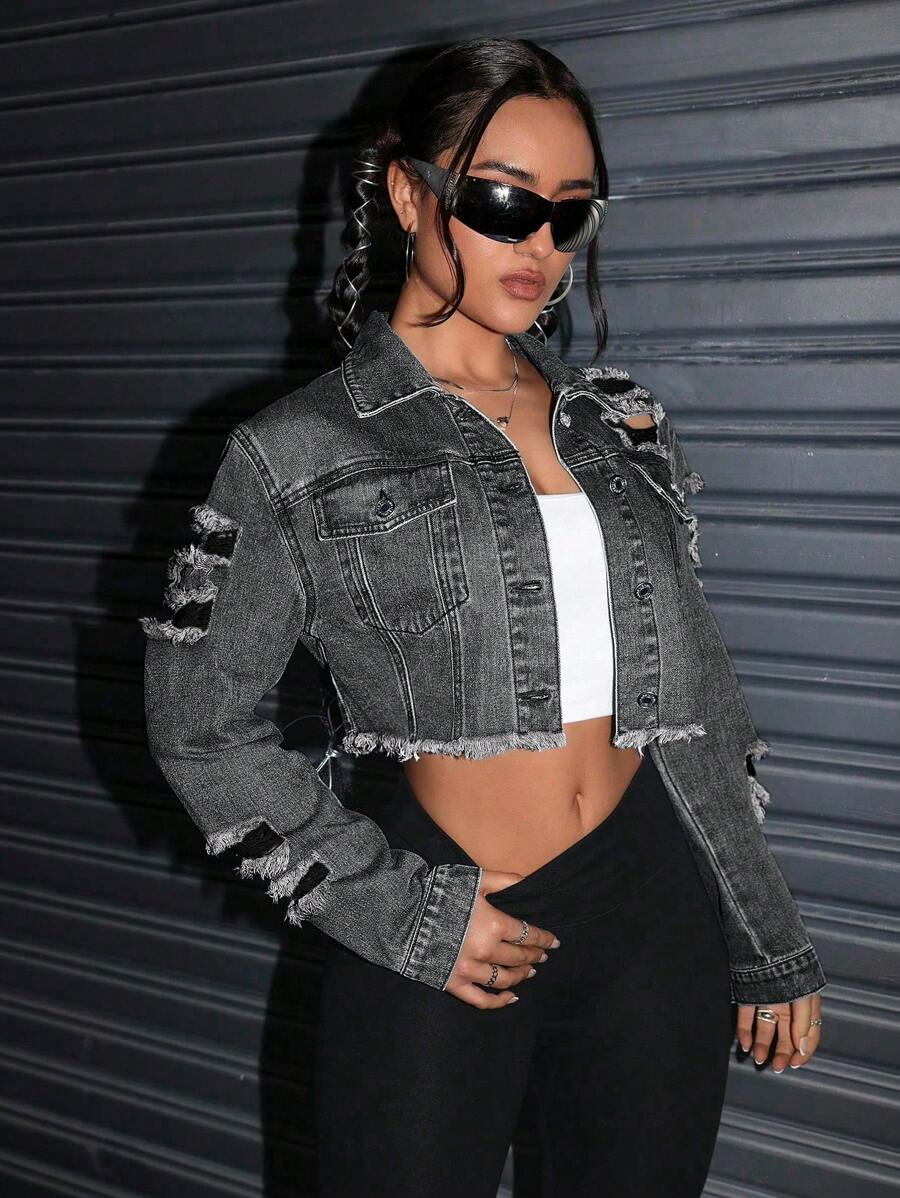 Celeste Distressed Crop Frayed Denim Jacket - Black