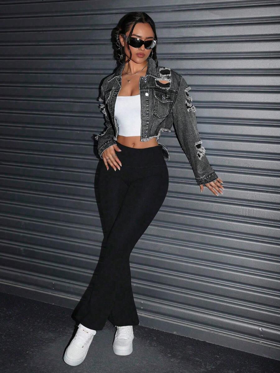Celeste Distressed Crop Frayed Denim Jacket - Dark Wash
