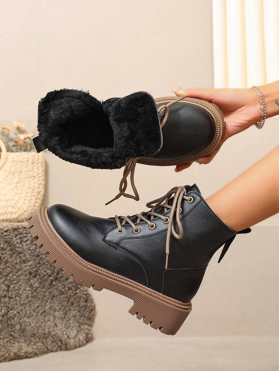 2026 Spring/Autumn/Winter New Women's Shoes, Winter Warm Women's Boots, Fashion Versatile Casual Women's Shoes, Black/White Ankle Boots With Lace-Up And Side Zipper, Flat Women's Boots, Women's Ankle Boots And Ankle Boots, Women's Fashion Boots, College S Mensa