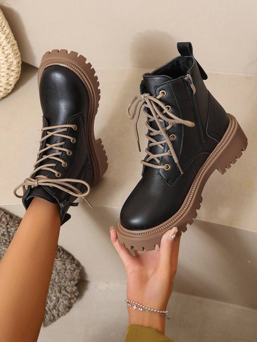 2026 Spring/Autumn/Winter New Women's Shoes, Winter Warm Women's Boots, Fashion Versatile Casual Women's Shoes, Black/White Ankle Boots With Lace-Up And Side Zipper, Flat Women's Boots, Women's Ankle Boots And Ankle Boots, Women's Fashion Boots, College S Mensa