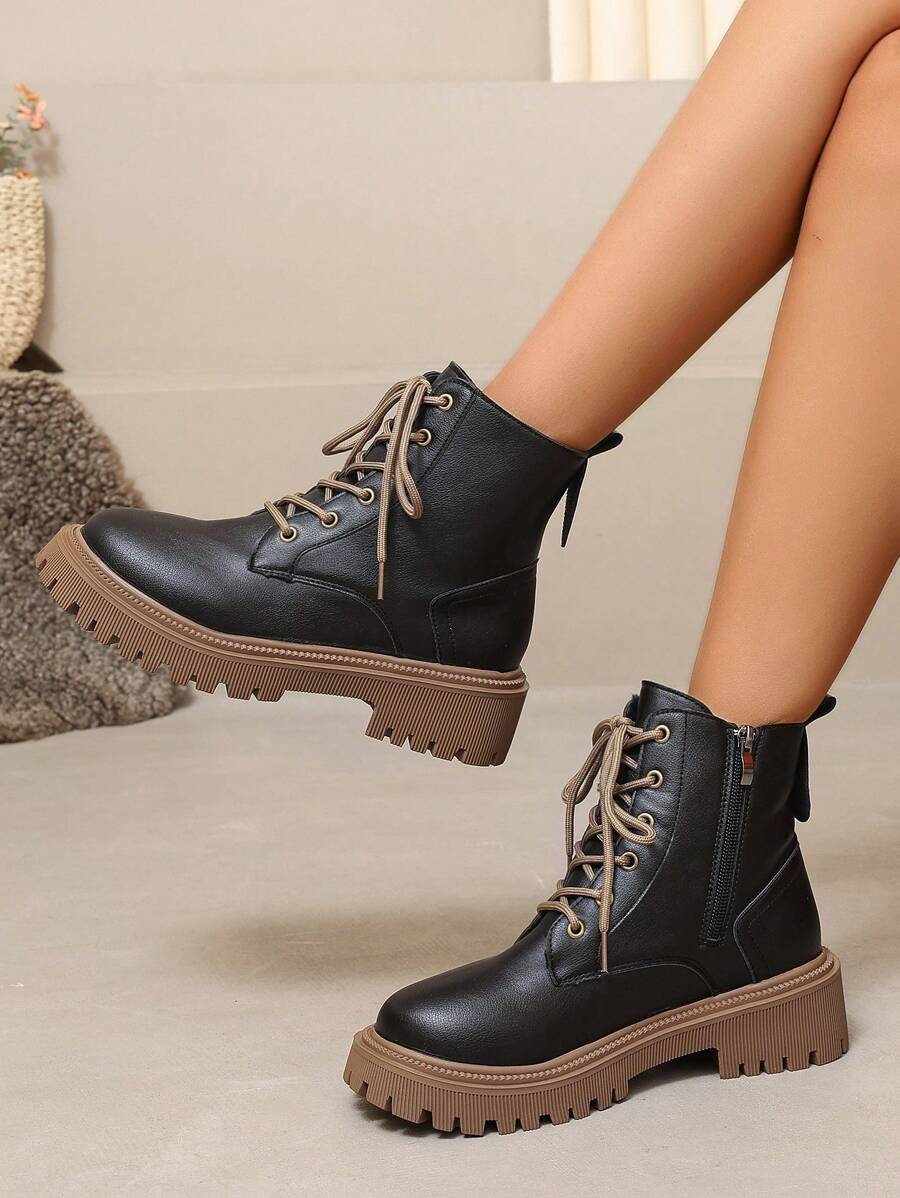 2026 Spring/Autumn/Winter New Women's Shoes, Winter Warm Women's Boots, Fashion Versatile Casual Women's Shoes, Black/White Ankle Boots With Lace-Up And Side Zipper, Flat Women's Boots, Women's Ankle Boots And Ankle Boots, Women's Fashion Boots, College S Mensa
