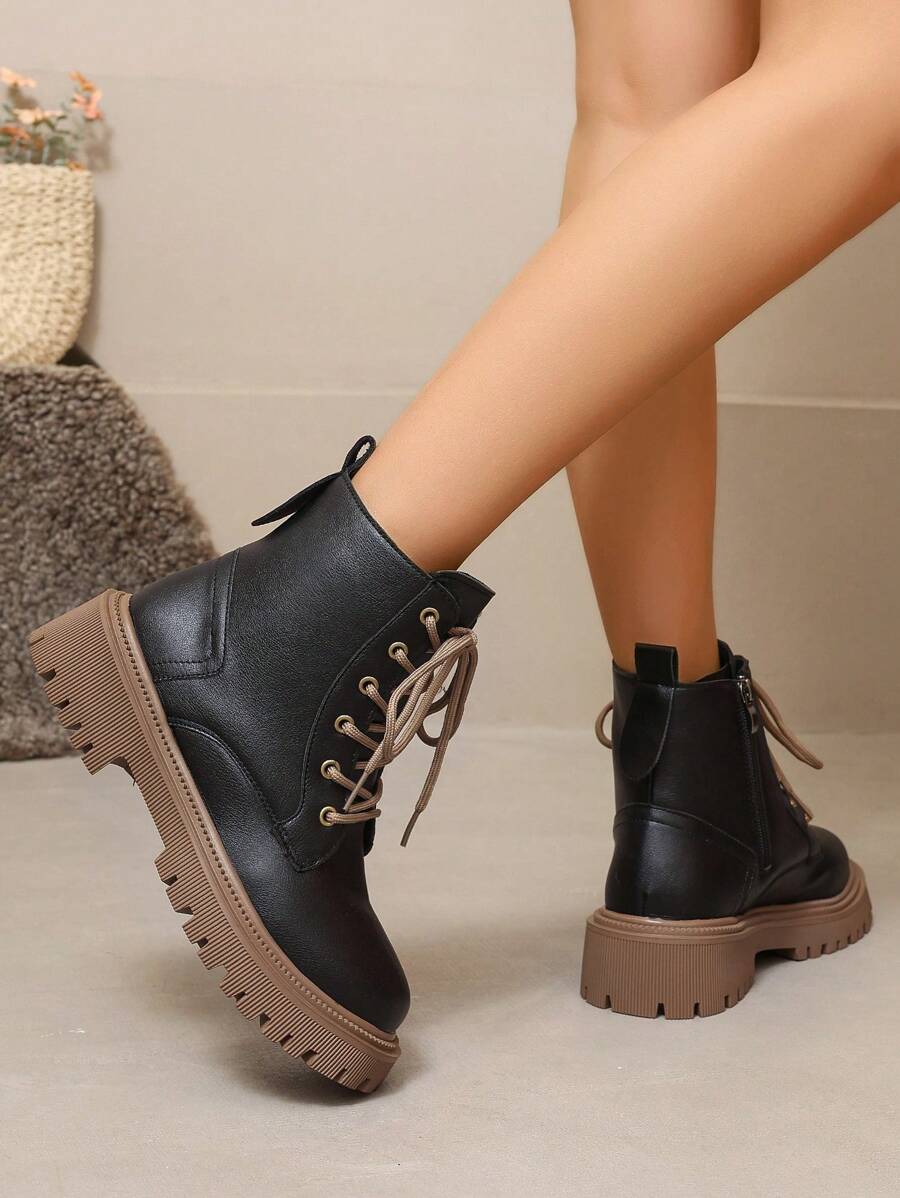 2026 Spring/Autumn/Winter New Women's Shoes, Winter Warm Women's Boots, Fashion Versatile Casual Women's Shoes, Black/White Ankle Boots With Lace-Up And Side Zipper, Flat Women's Boots, Women's Ankle Boots And Ankle Boots, Women's Fashion Boots, College S Mensa