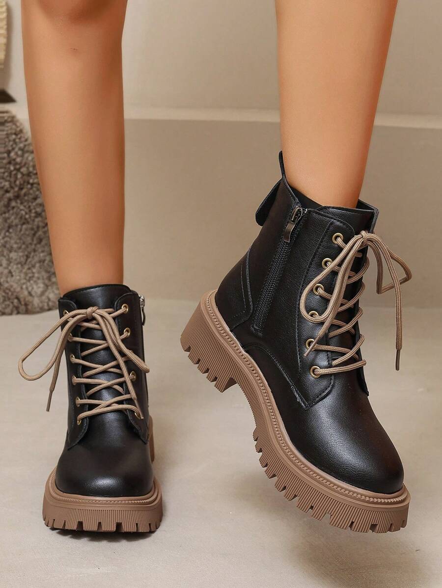 2026 Spring/Autumn/Winter New Women's Shoes, Winter Warm Women's Boots, Fashion Versatile Casual Women's Shoes, Black/White Ankle Boots With Lace-Up And Side Zipper, Flat Women's Boots, Women's Ankle Boots And Ankle Boots, Women's Fashion Boots, College S Mensa