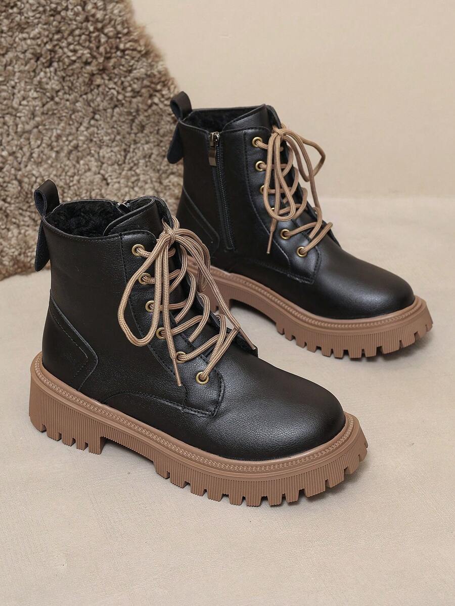 2026 Spring/Autumn/Winter New Women's Shoes, Winter Warm Women's Boots, Fashion Versatile Casual Women's Shoes, Black/White Ankle Boots With Lace-Up And Side Zipper, Flat Women's Boots, Women's Ankle Boots And Ankle Boots, Women's Fashion Boots, College S Mensa