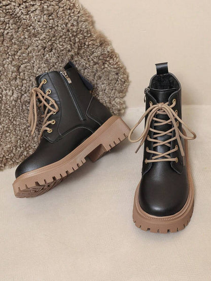 2026 Spring/Autumn/Winter New Women's Shoes, Winter Warm Women's Boots, Fashion Versatile Casual Women's Shoes, Black/White Ankle Boots With Lace-Up And Side Zipper, Flat Women's Boots, Women's Ankle Boots And Ankle Boots, Women's Fashion Boots, College S Mensa