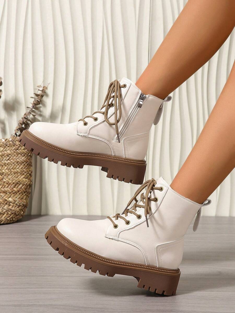2026 Spring/Autumn/Winter New Women's Shoes, Winter Warm Women's Boots, Fashion Versatile Casual Women's Shoes, Black/White Ankle Boots With Lace-Up And Side Zipper, Flat Women's Boots, Women's Ankle Boots And Ankle Boots, Women's Fashion Boots, College S Mensa