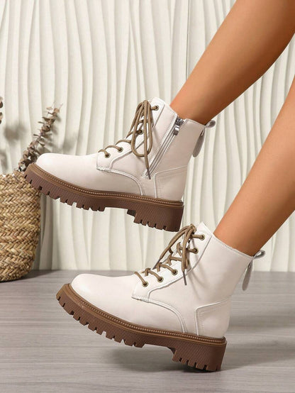 2026 Spring/Autumn/Winter New Women's Shoes, Winter Warm Women's Boots, Fashion Versatile Casual Women's Shoes, Black/White Ankle Boots With Lace-Up And Side Zipper, Flat Women's Boots, Women's Ankle Boots And Ankle Boots, Women's Fashion Boots, College S Mensa