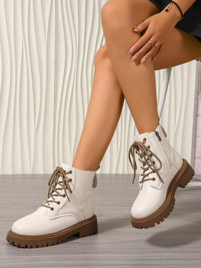 2026 Spring/Autumn/Winter New Women's Shoes, Winter Warm Women's Boots, Fashion Versatile Casual Women's Shoes, Black/White Ankle Boots With Lace-Up And Side Zipper, Flat Women's Boots, Women's Ankle Boots And Ankle Boots, Women's Fashion Boots, College S Mensa