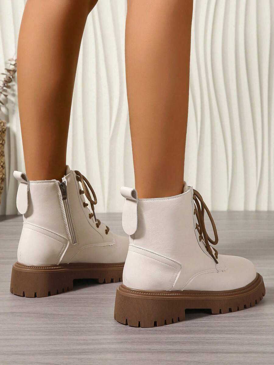 2026 Spring/Autumn/Winter New Women's Shoes, Winter Warm Women's Boots, Fashion Versatile Casual Women's Shoes, Black/White Ankle Boots With Lace-Up And Side Zipper, Flat Women's Boots, Women's Ankle Boots And Ankle Boots, Women's Fashion Boots, College S Mensa