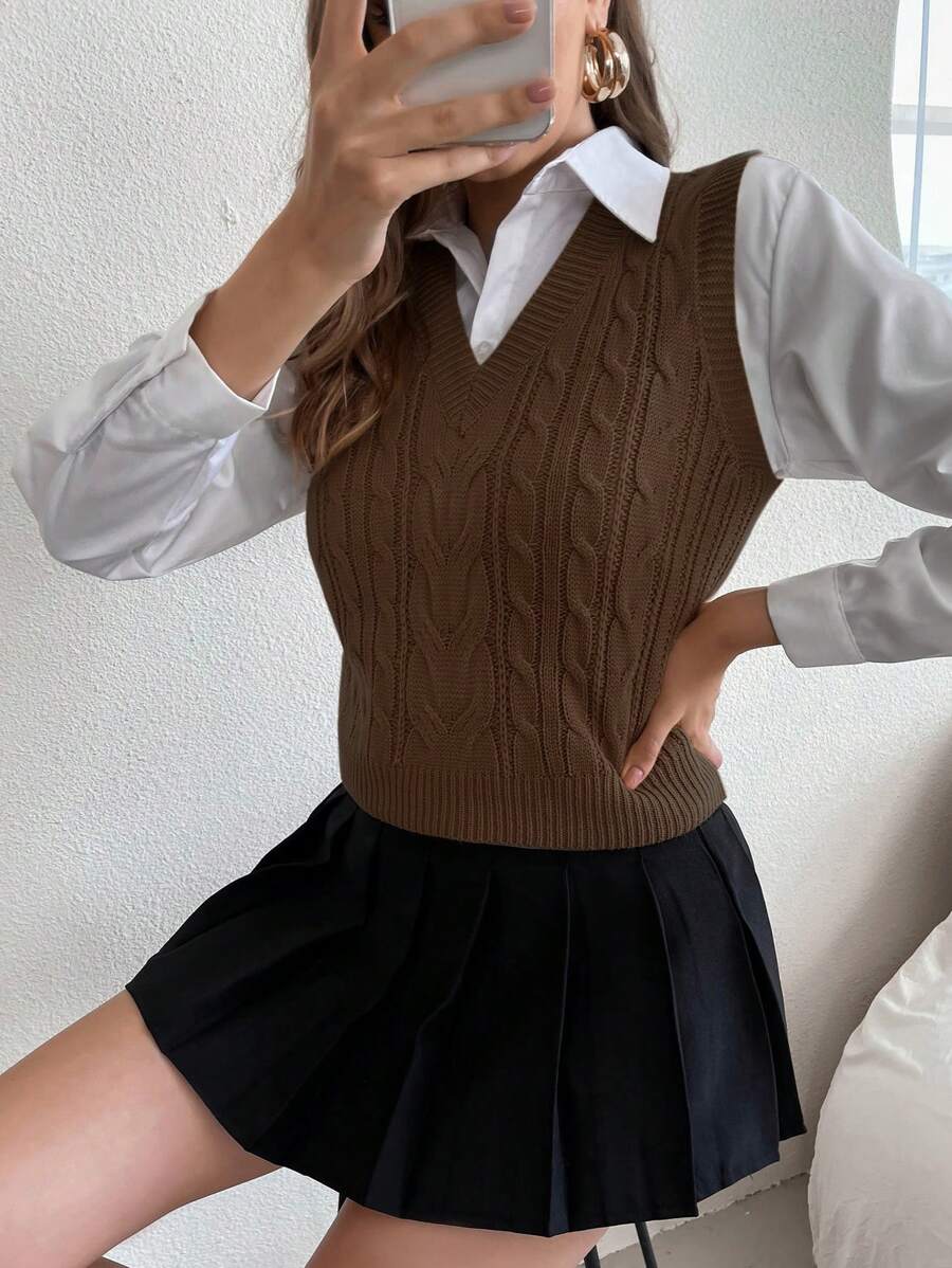 Winifred Classic Cable Knit V-Neck Sleeveless Sweater Vest - Chocolate Brown