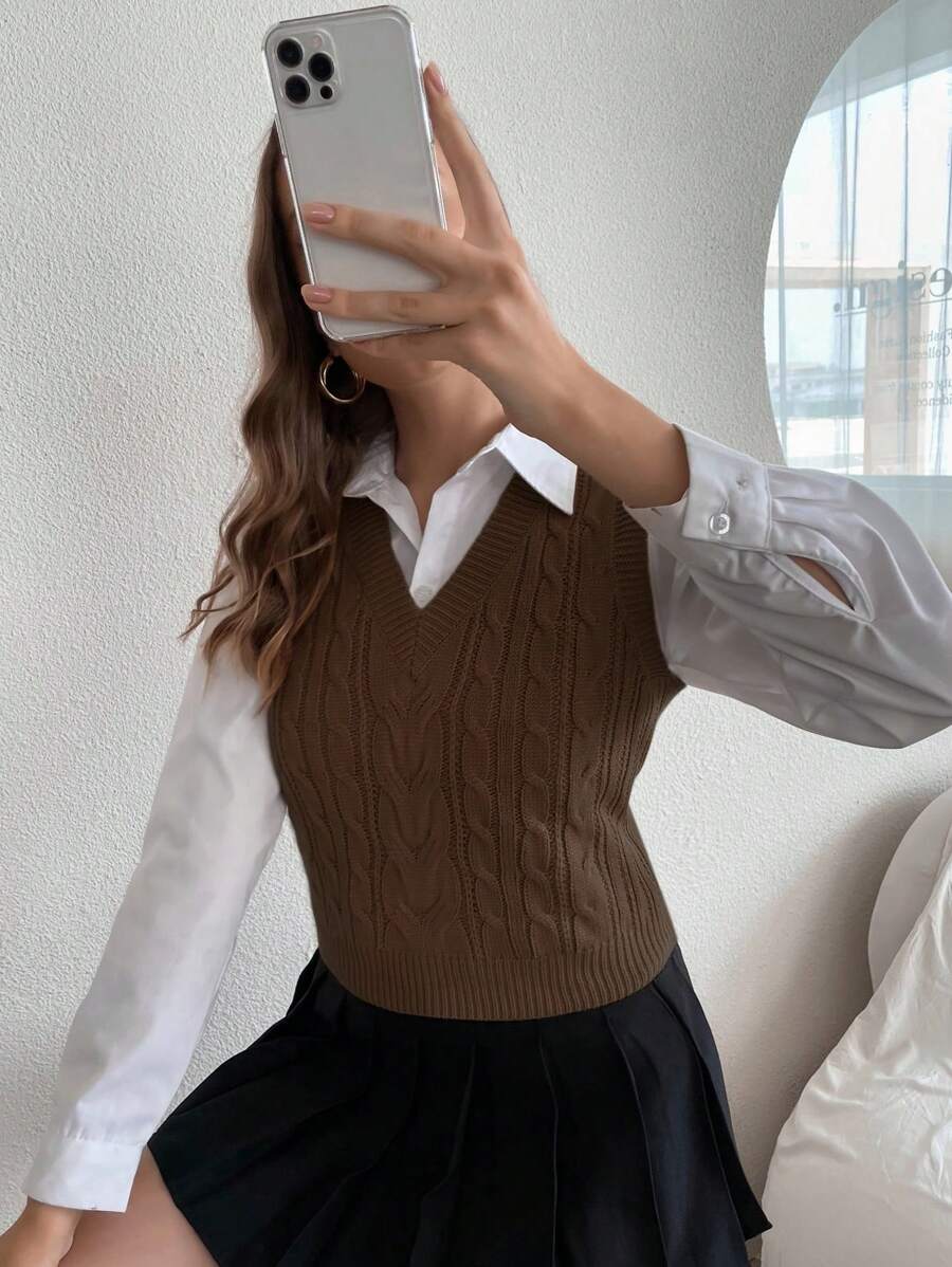 Winifred Classic Cable Knit V-Neck Sleeveless Sweater Vest - Chocolate Brown