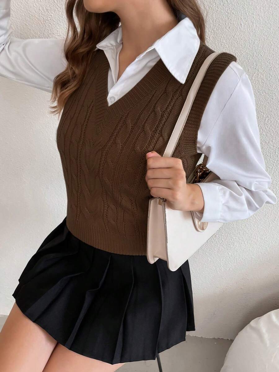 Winifred Classic Cable Knit V-Neck Sleeveless Sweater Vest - Chocolate Brown