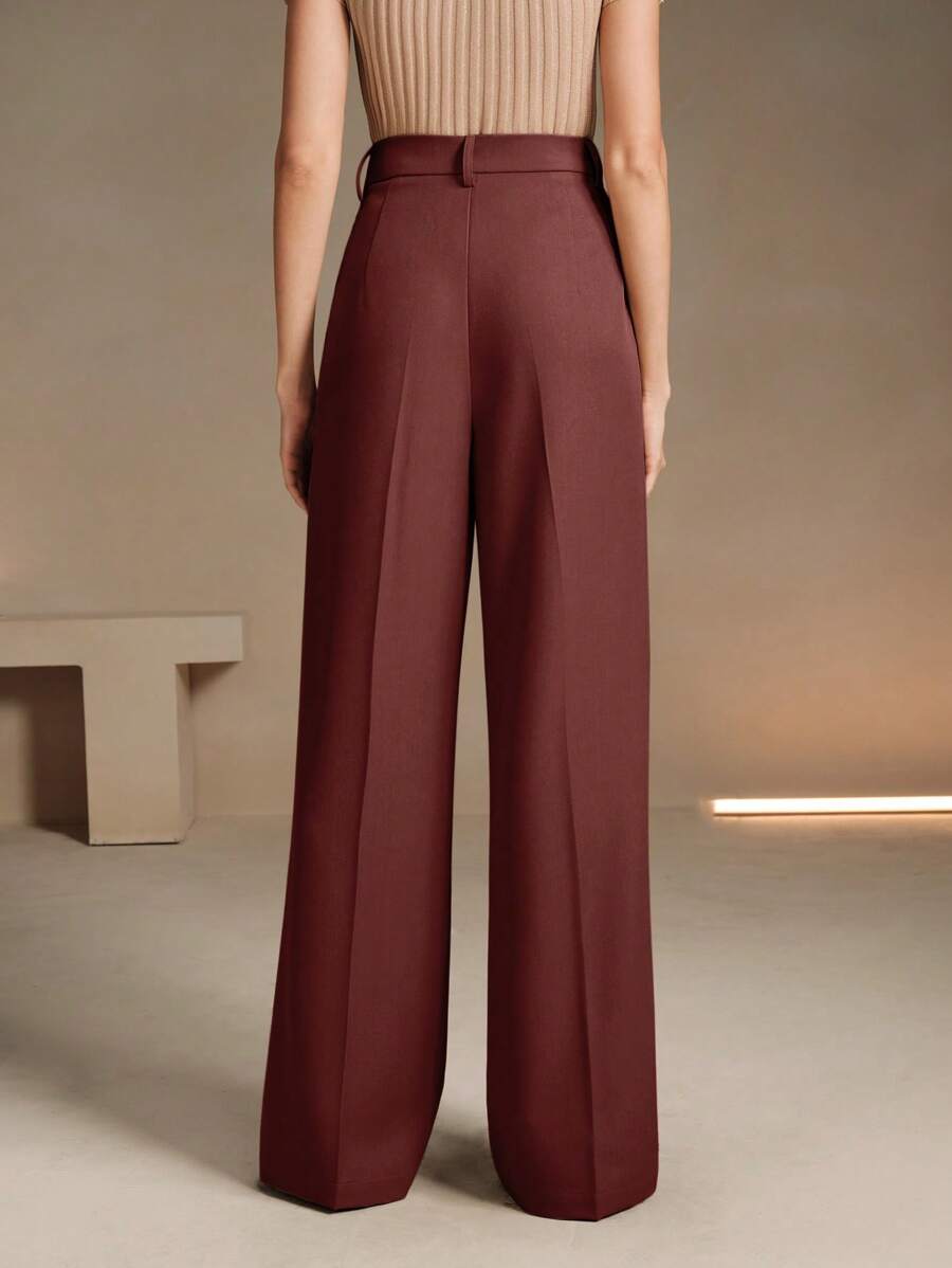Women's Belted Straight Leg Suit Trousers, Stretch Dress Pants for Work Office - Black