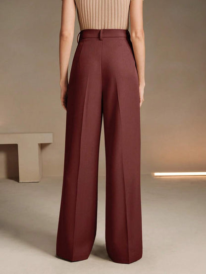 Women's Belted Straight Leg Suit Trousers, Stretch Dress Pants for Work Office - Black