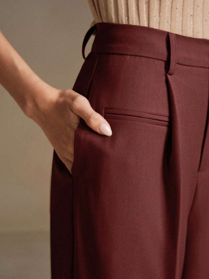Women's Belted Straight Leg Suit Trousers, Stretch Dress Pants for Work Office - Bronze
