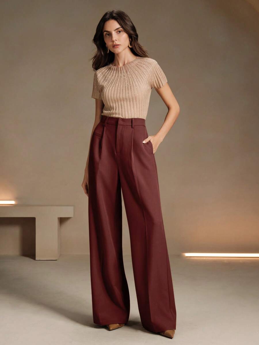 Women's Belted Straight Leg Suit Trousers, Stretch Dress Pants for Work Office - Burgundy