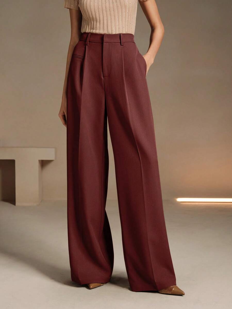 Women's Belted Straight Leg Suit Trousers, Stretch Dress Pants for Work Office - Ginger