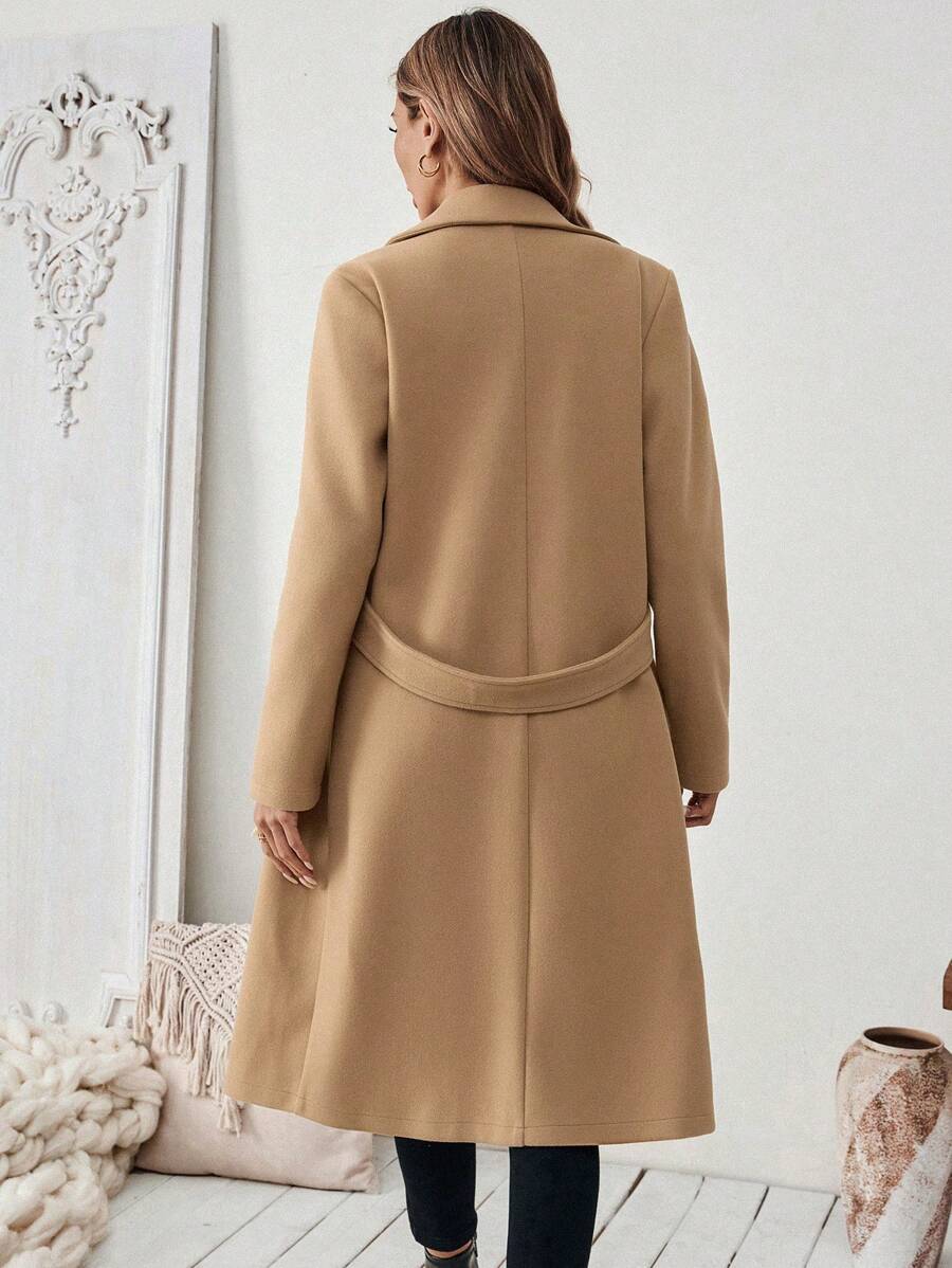 Seraphina Notched Collar Double-Breasted Knee Length Coat - Camel