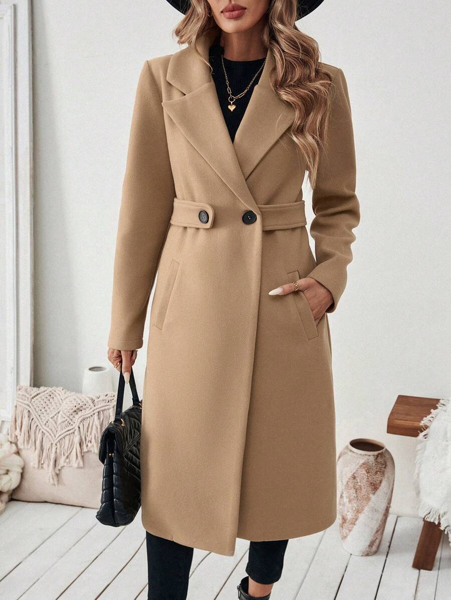 Seraphina Notched Collar Double-Breasted Knee Length Coat - Camel