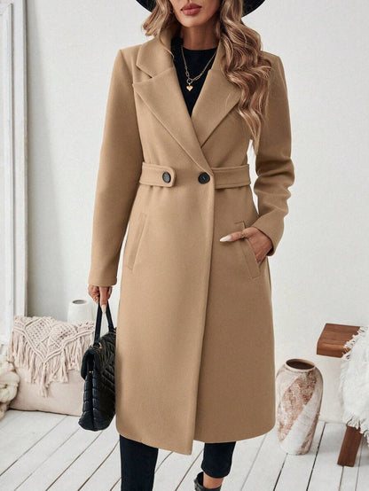 Seraphina Notched Collar Double-Breasted Knee Length Coat - Camel
