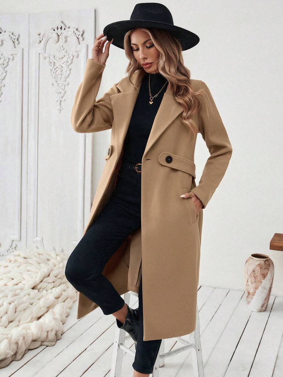 Seraphina Notched Collar Double-Breasted Knee Length Coat - Camel