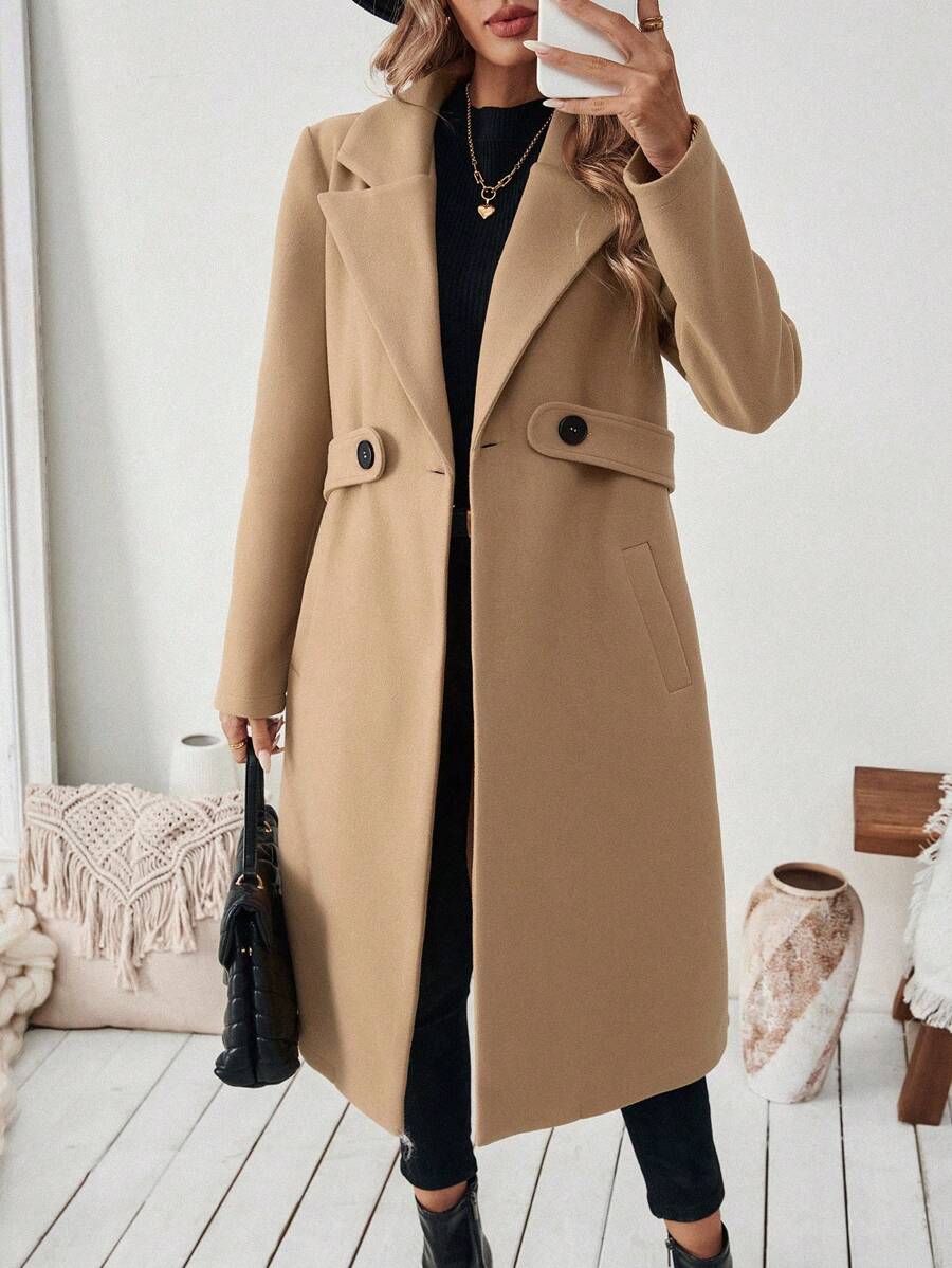 Seraphina Notched Collar Double-Breasted Knee Length Coat - Camel
