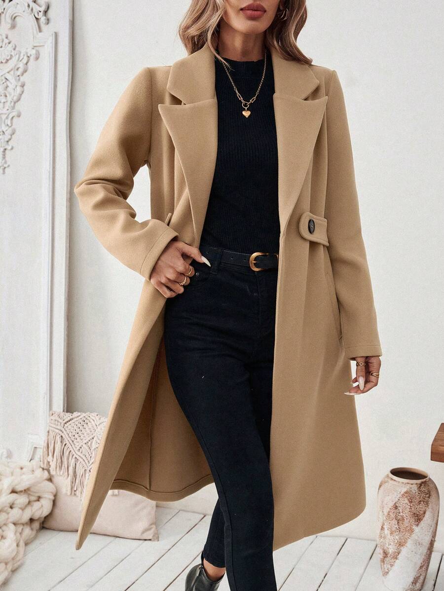 Seraphina Notched Collar Double-Breasted Knee Length Coat - Camel