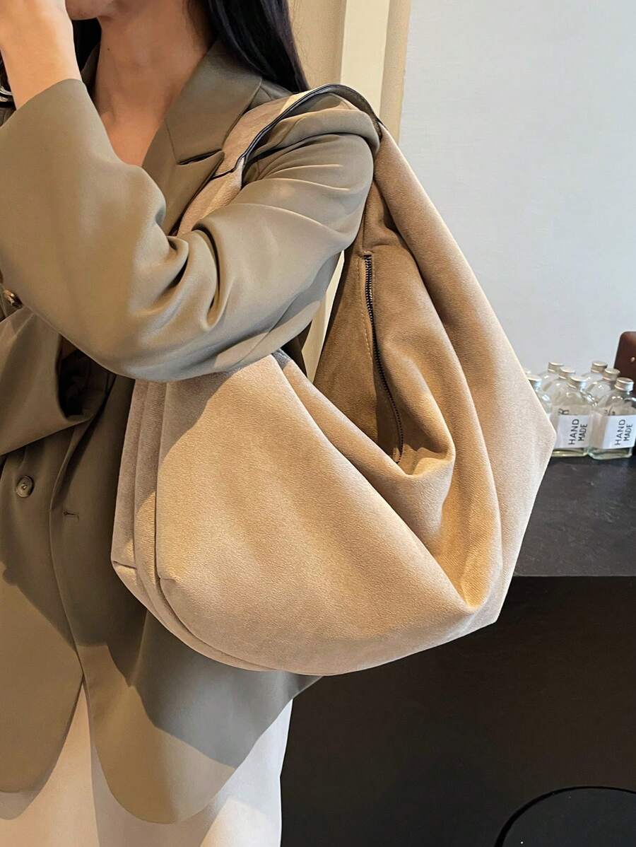Women's Slouchy Hobo Shoulder Bag, Faux Suede Zip Top Purse for Everyday and Travel