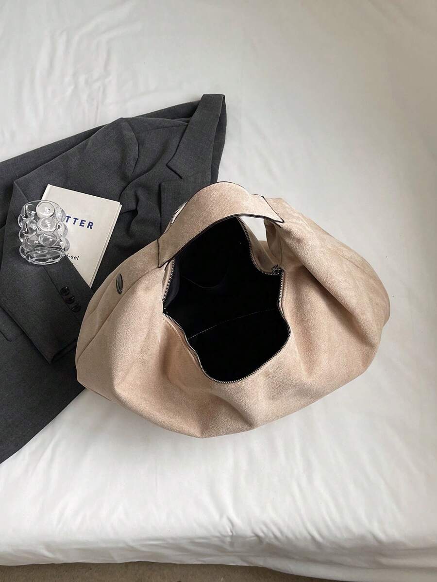Women's Slouchy Hobo Shoulder Bag, Faux Suede Zip Top Purse for Everyday and Travel