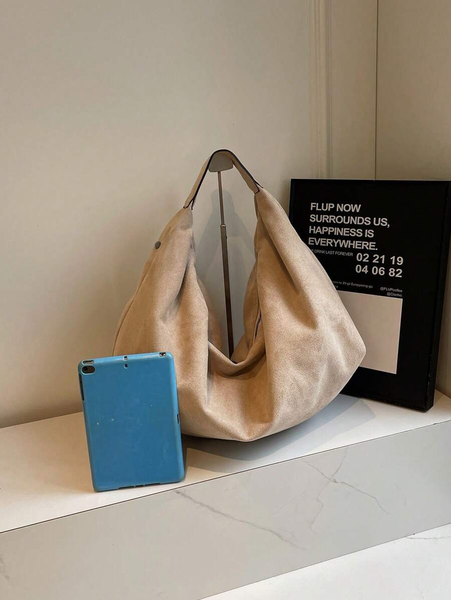 Women's Slouchy Hobo Shoulder Bag, Faux Suede Zip Top Purse for Everyday and Travel