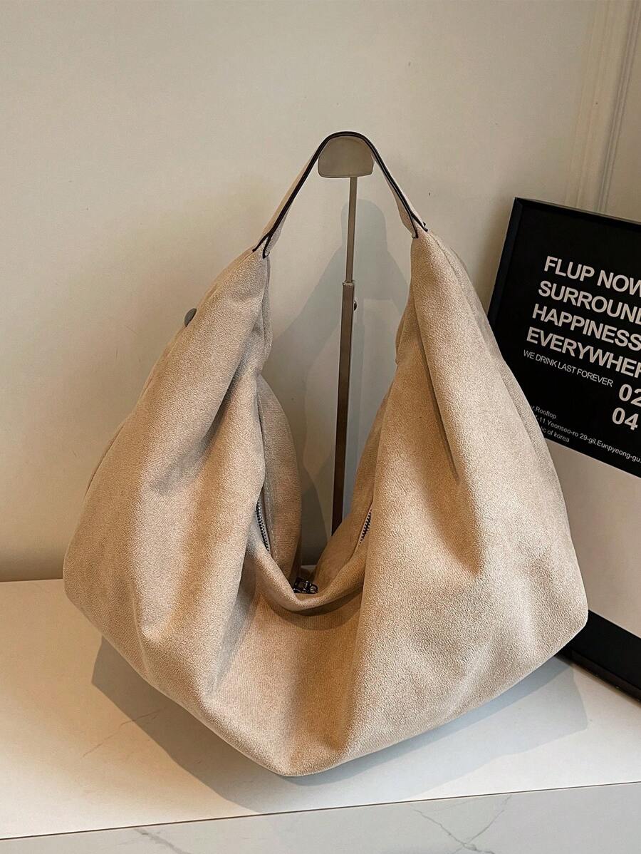 Women's Slouchy Hobo Shoulder Bag, Faux Suede Zip Top Purse for Everyday and Travel