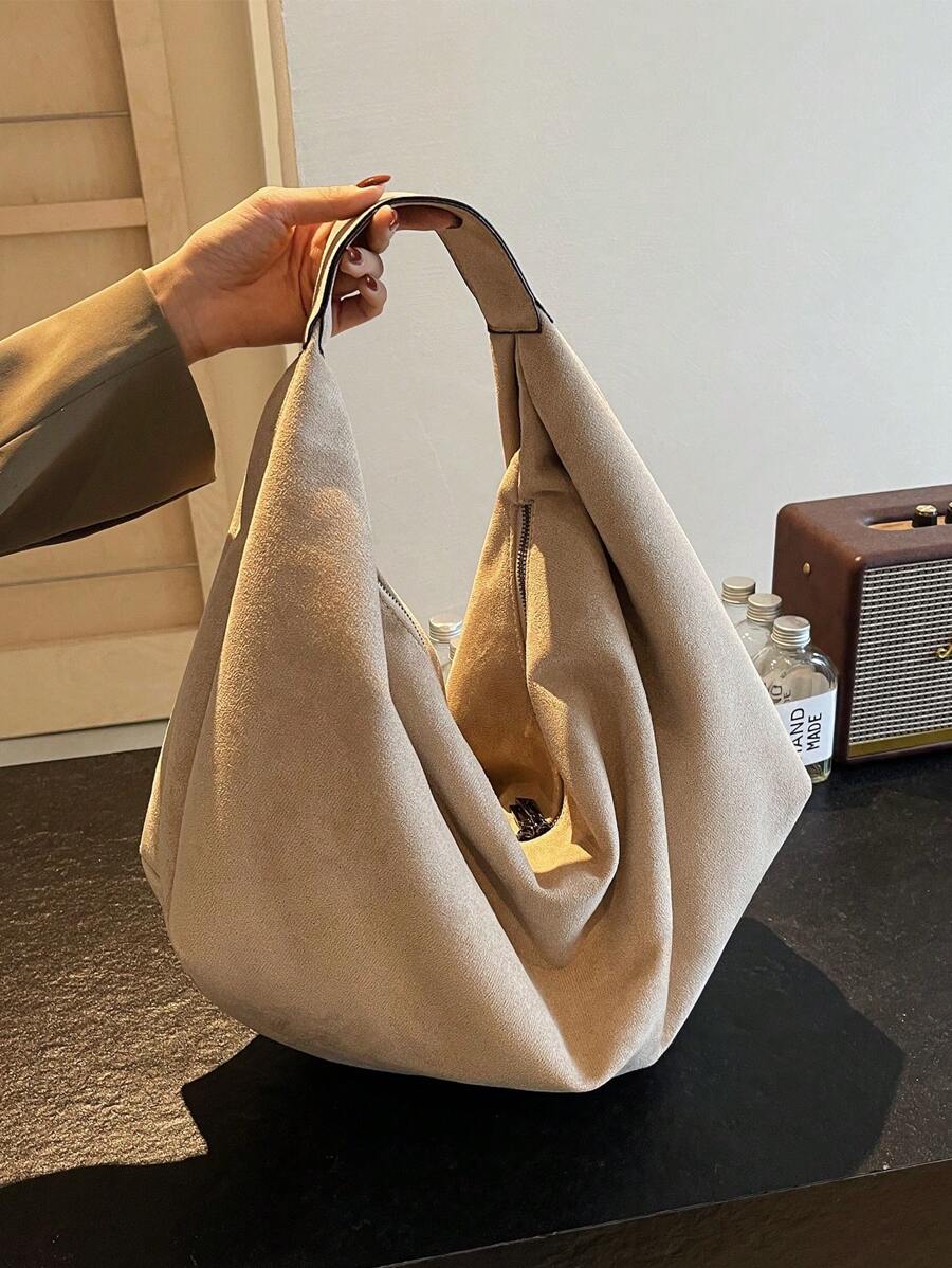 Women's Slouchy Hobo Shoulder Bag, Faux Suede Zip Top Purse for Everyday and Travel