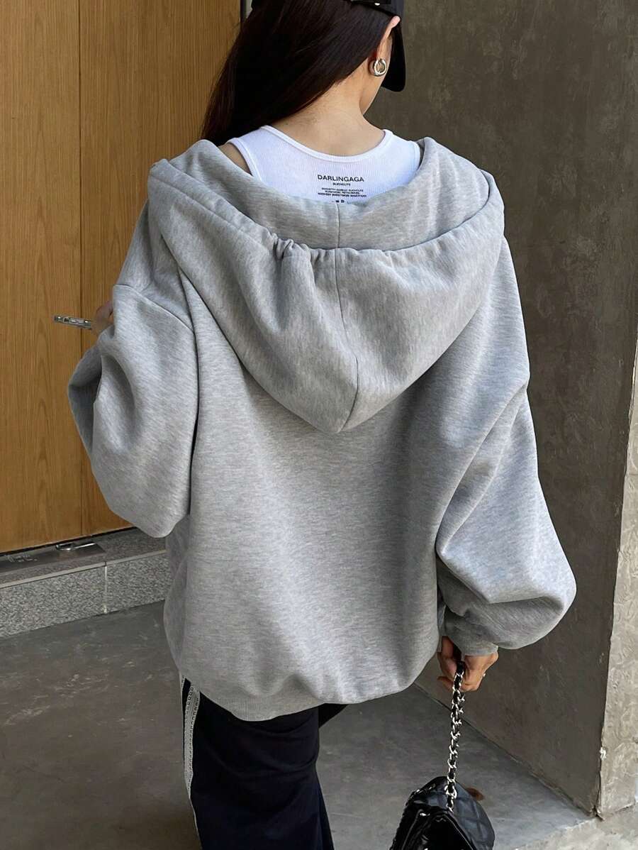 Eleanor Thermal Lined Zip Drawstring Hoodie - Light Grey
