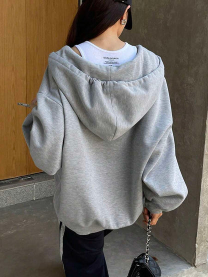 Eleanor Thermal Lined Zip Drawstring Hoodie - Light Grey