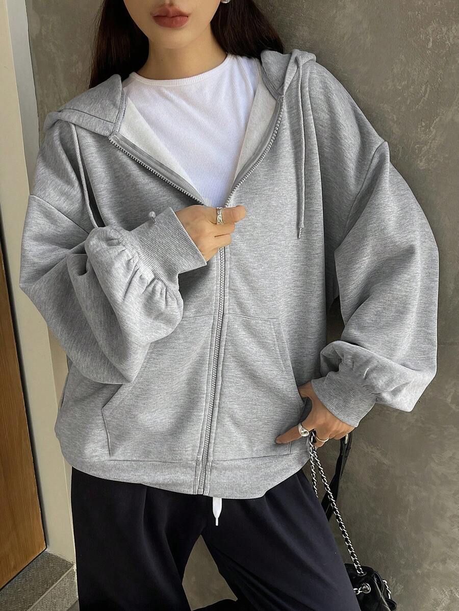 Eleanor Thermal Lined Zip Drawstring Hoodie - Dark Grey