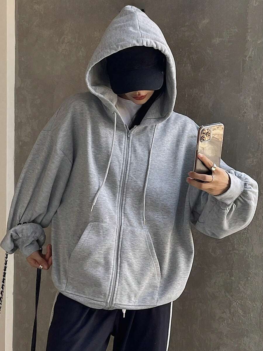 Eleanor Thermal Lined Zip Drawstring Hoodie - Dusty Blue